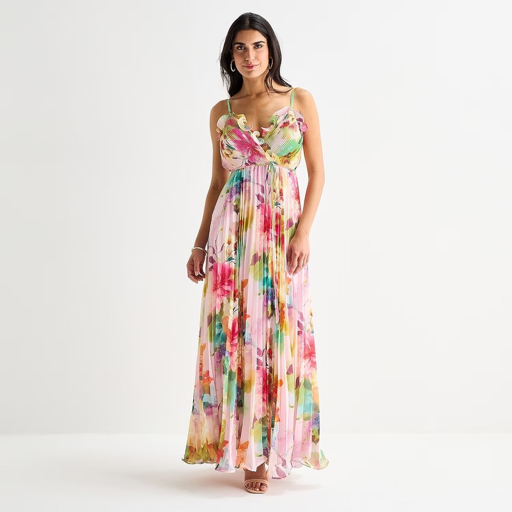 MSRP $140 Melonie T Womens 14 Pink Multi Floral Sleeveless Evening Gown V Neck